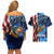 American Flag Bass Fishing Graphic Couples Matching Off Shoulder Short Dress and Hawaiian Shirt Patriotic Fish and Starry Galaxy Background - Wonder Print Shop
