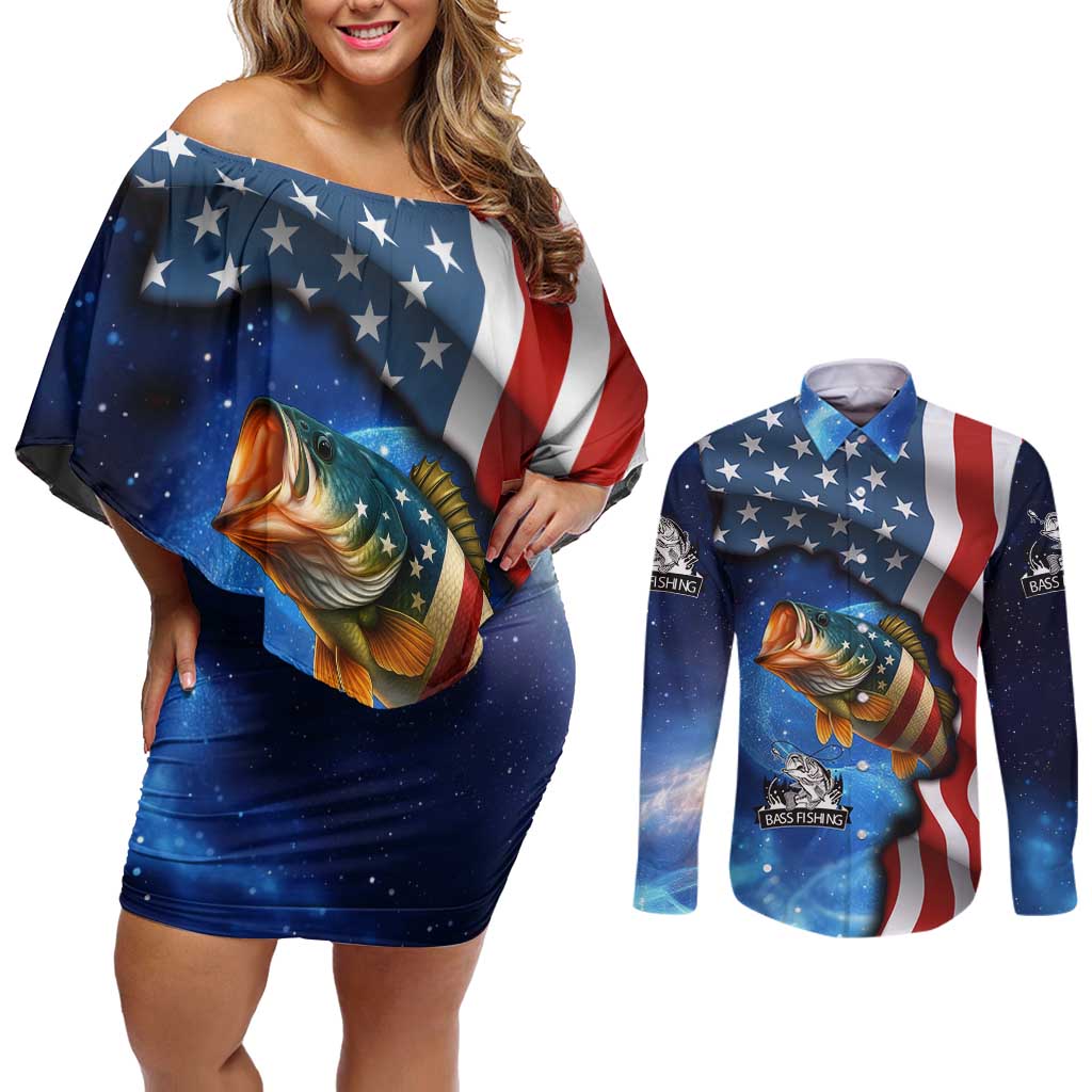 American Flag Bass Fishing Graphic Couples Matching Off Shoulder Short Dress and Long Sleeve Button Shirt Patriotic Fish and Starry Galaxy Background - Wonder Print Shop