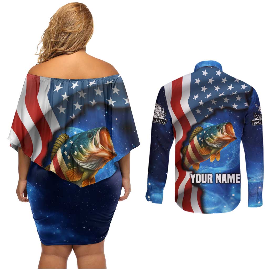 American Flag Bass Fishing Graphic Couples Matching Off Shoulder Short Dress and Long Sleeve Button Shirt Patriotic Fish and Starry Galaxy Background - Wonder Print Shop