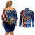 American Flag Bass Fishing Graphic Couples Matching Off Shoulder Short Dress and Long Sleeve Button Shirt Patriotic Fish and Starry Galaxy Background - Wonder Print Shop