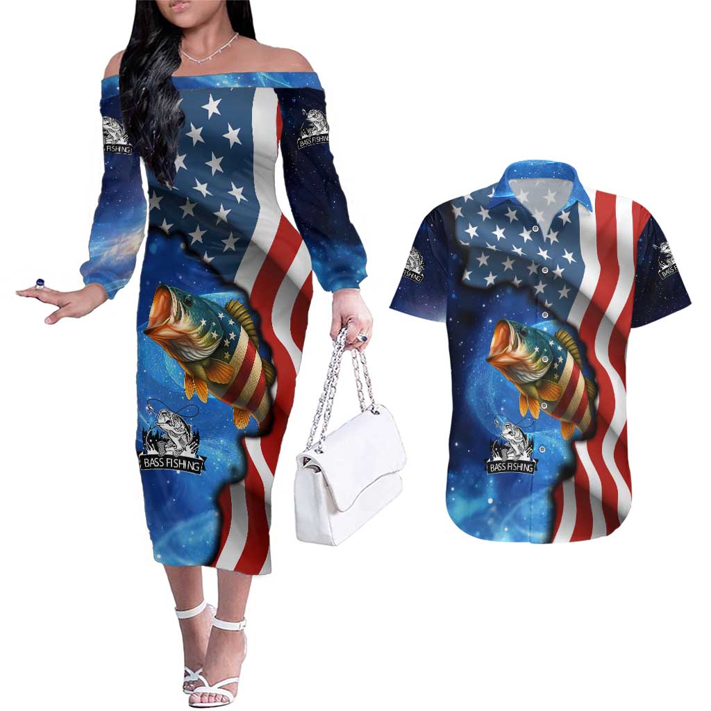 American Flag Bass Fishing Graphic Couples Matching Off The Shoulder Long Sleeve Dress and Hawaiian Shirt Patriotic Fish and Starry Galaxy Background - Wonder Print Shop