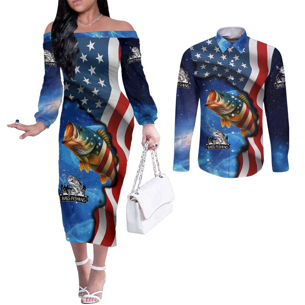 American Flag Bass Fishing Graphic Couples Matching Off The Shoulder Long Sleeve Dress and Long Sleeve Button Shirt Patriotic Fish and Starry Galaxy Background - Wonder Print Shop