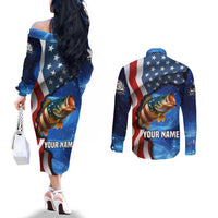 American Flag Bass Fishing Graphic Couples Matching Off The Shoulder Long Sleeve Dress and Long Sleeve Button Shirt Patriotic Fish and Starry Galaxy Background - Wonder Print Shop