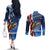 American Flag Bass Fishing Graphic Couples Matching Off The Shoulder Long Sleeve Dress and Long Sleeve Button Shirt Patriotic Fish and Starry Galaxy Background - Wonder Print Shop