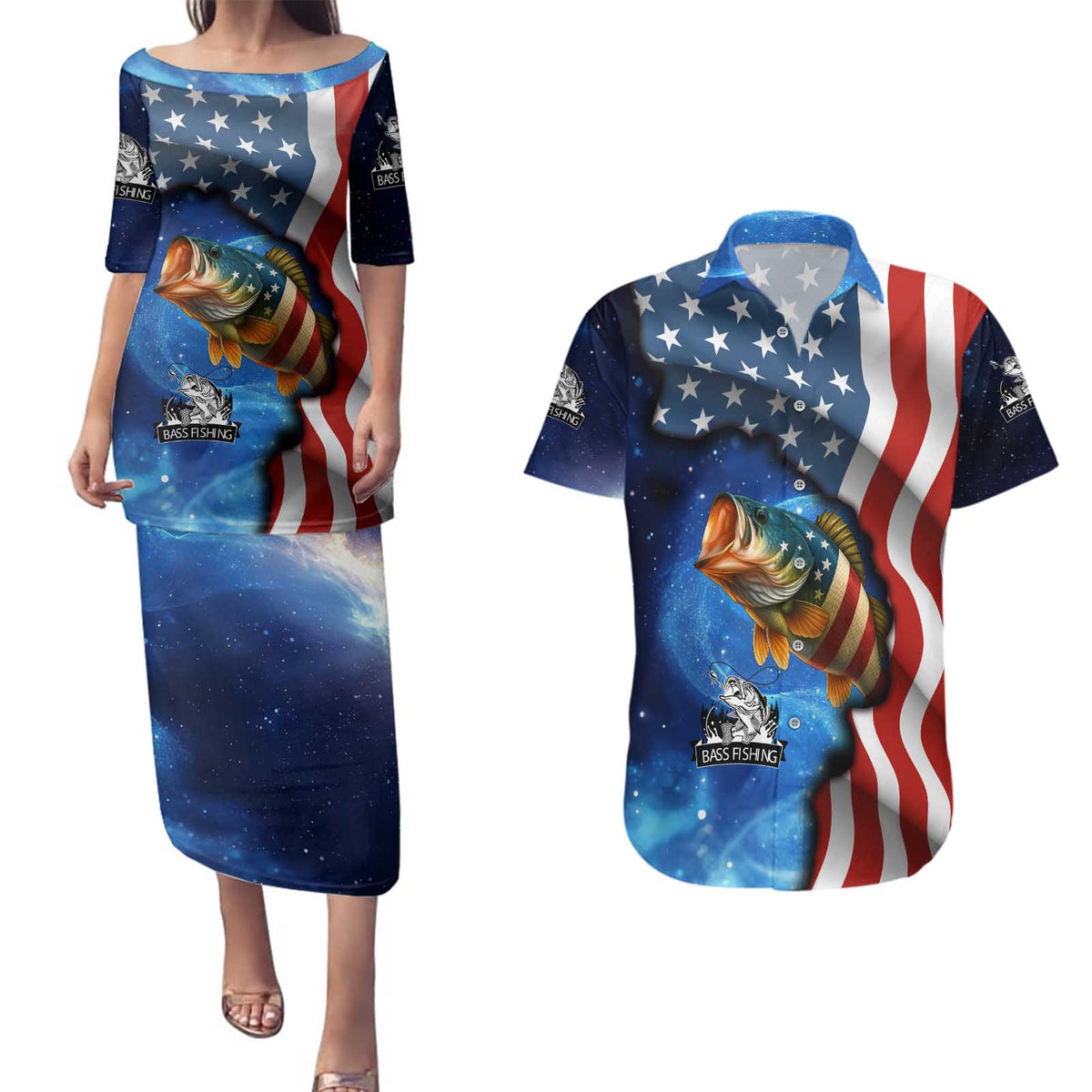 American Flag Bass Fishing Graphic Couples Matching Puletasi and Hawaiian Shirt Patriotic Fish and Starry Galaxy Background - Wonder Print Shop