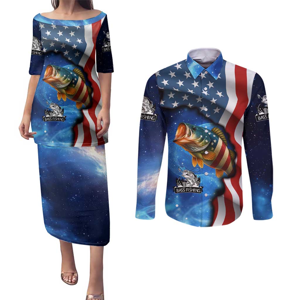 American Flag Bass Fishing Graphic Couples Matching Puletasi and Long Sleeve Button Shirt Patriotic Fish and Starry Galaxy Background - Wonder Print Shop