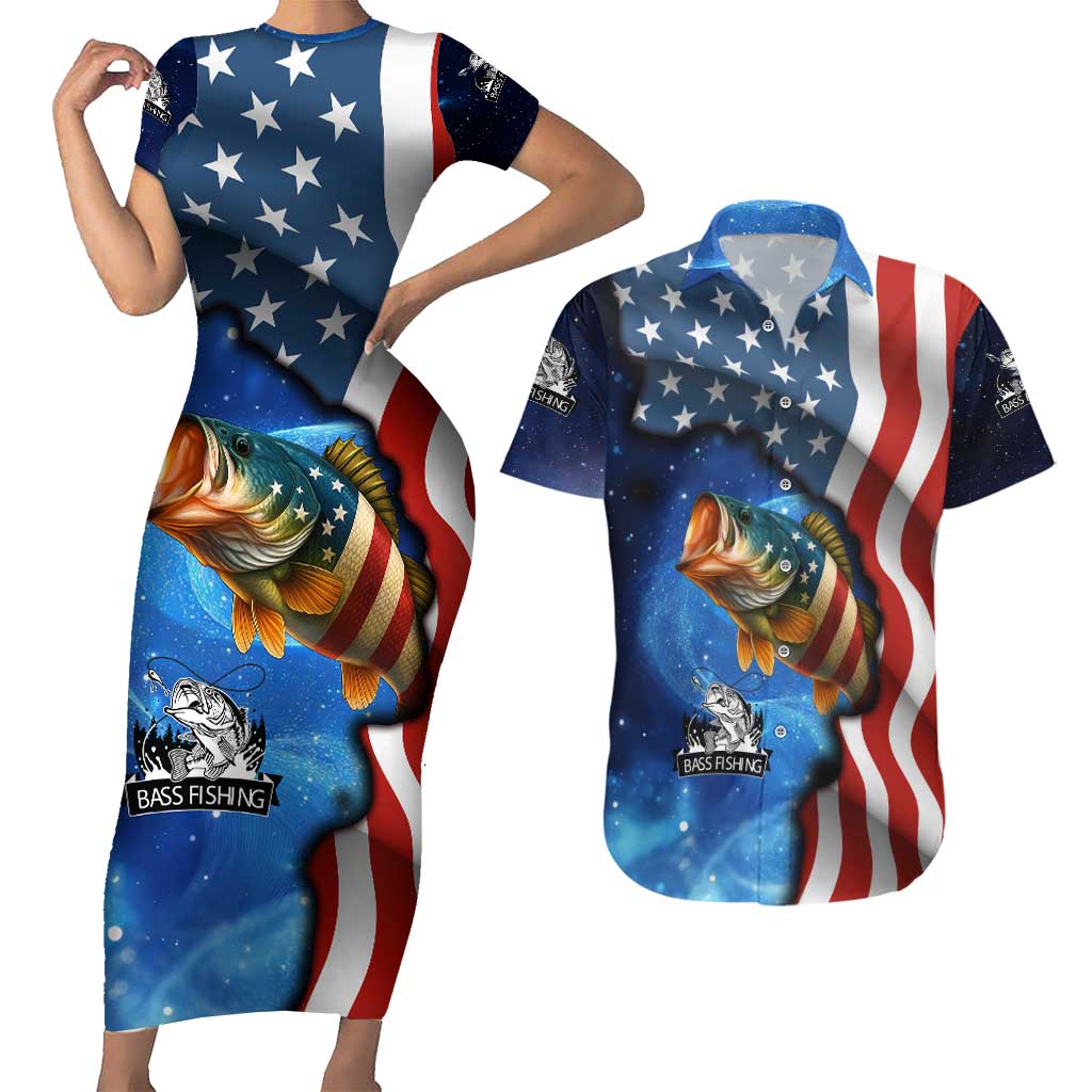 American Flag Bass Fishing Graphic Couples Matching Short Sleeve Bodycon Dress and Hawaiian Shirt Patriotic Fish and Starry Galaxy Background - Wonder Print Shop