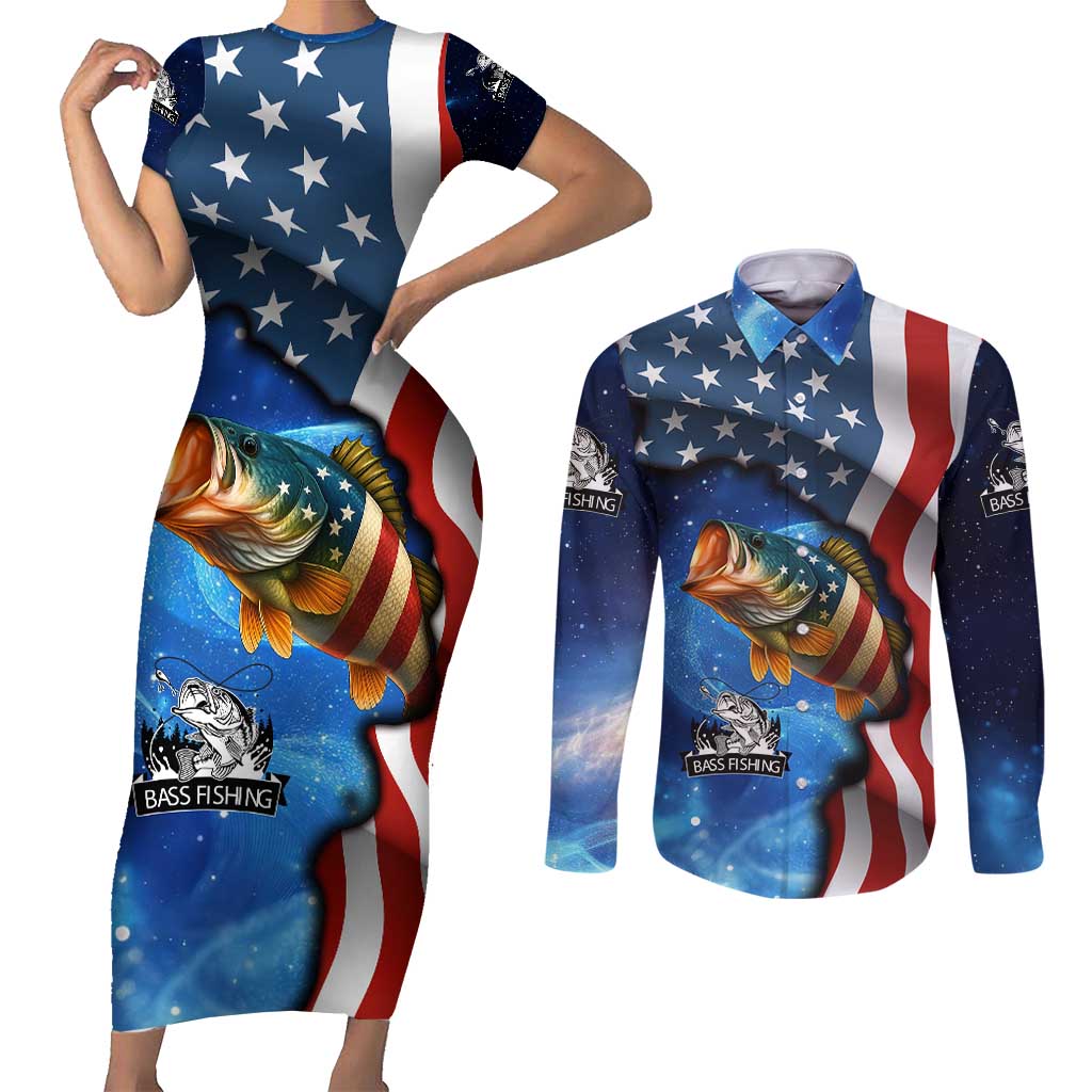 American Flag Bass Fishing Graphic Couples Matching Short Sleeve Bodycon Dress and Long Sleeve Button Shirt Patriotic Fish and Starry Galaxy Background - Wonder Print Shop