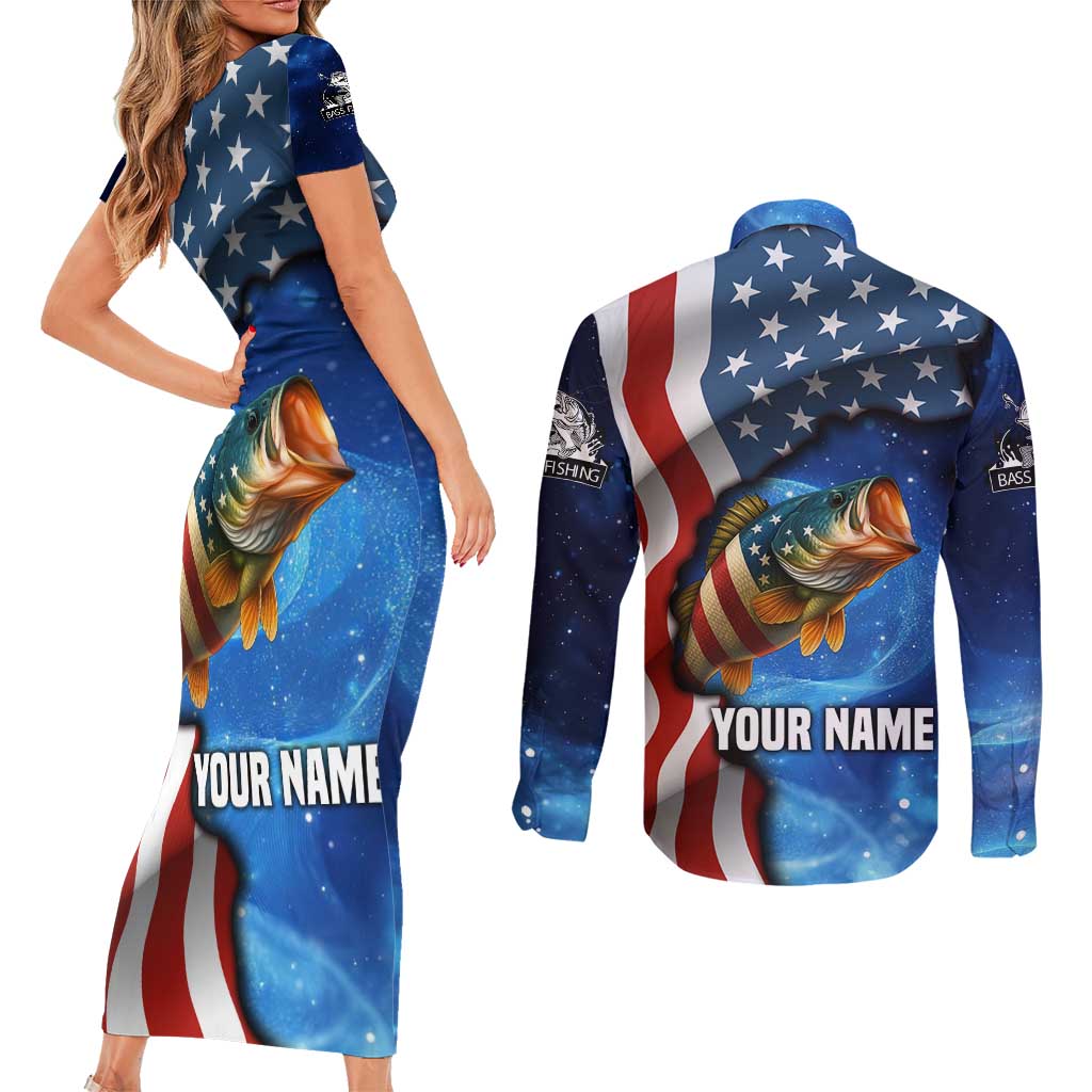 American Flag Bass Fishing Graphic Couples Matching Short Sleeve Bodycon Dress and Long Sleeve Button Shirt Patriotic Fish and Starry Galaxy Background - Wonder Print Shop