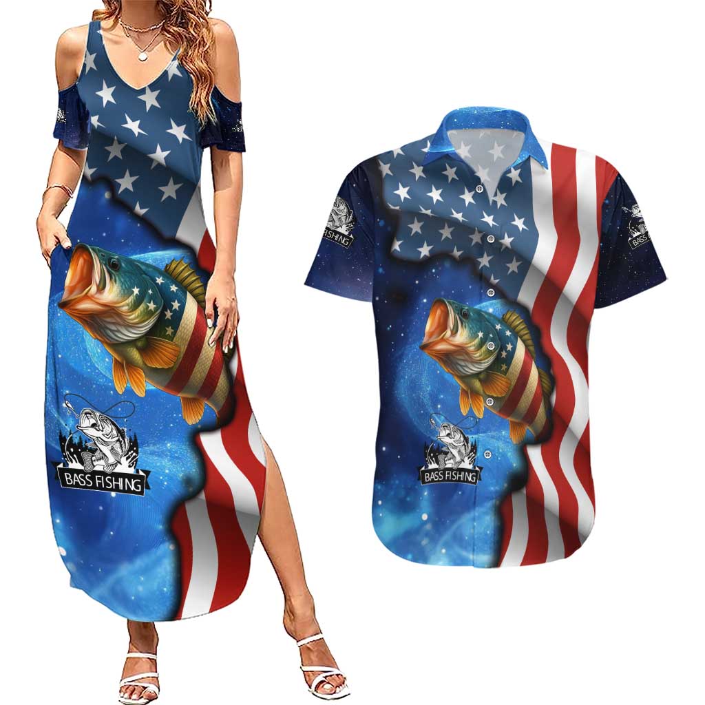 American Flag Bass Fishing Graphic Couples Matching Summer Maxi Dress and Hawaiian Shirt Patriotic Fish and Starry Galaxy Background - Wonder Print Shop