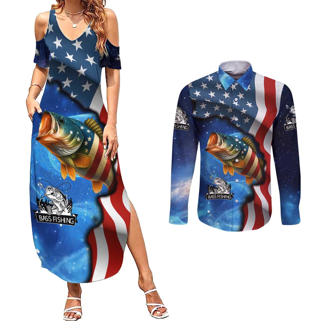 American Flag Bass Fishing Graphic Couples Matching Summer Maxi Dress and Long Sleeve Button Shirt Patriotic Fish and Starry Galaxy Background - Wonder Print Shop
