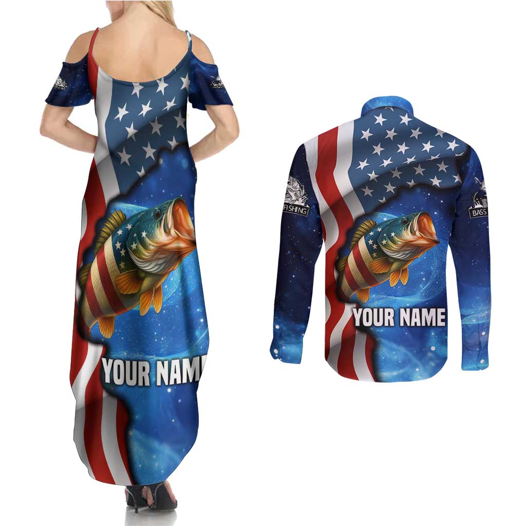 American Flag Bass Fishing Graphic Couples Matching Summer Maxi Dress and Long Sleeve Button Shirt Patriotic Fish and Starry Galaxy Background - Wonder Print Shop