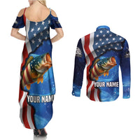 American Flag Bass Fishing Graphic Couples Matching Summer Maxi Dress and Long Sleeve Button Shirt Patriotic Fish and Starry Galaxy Background - Wonder Print Shop