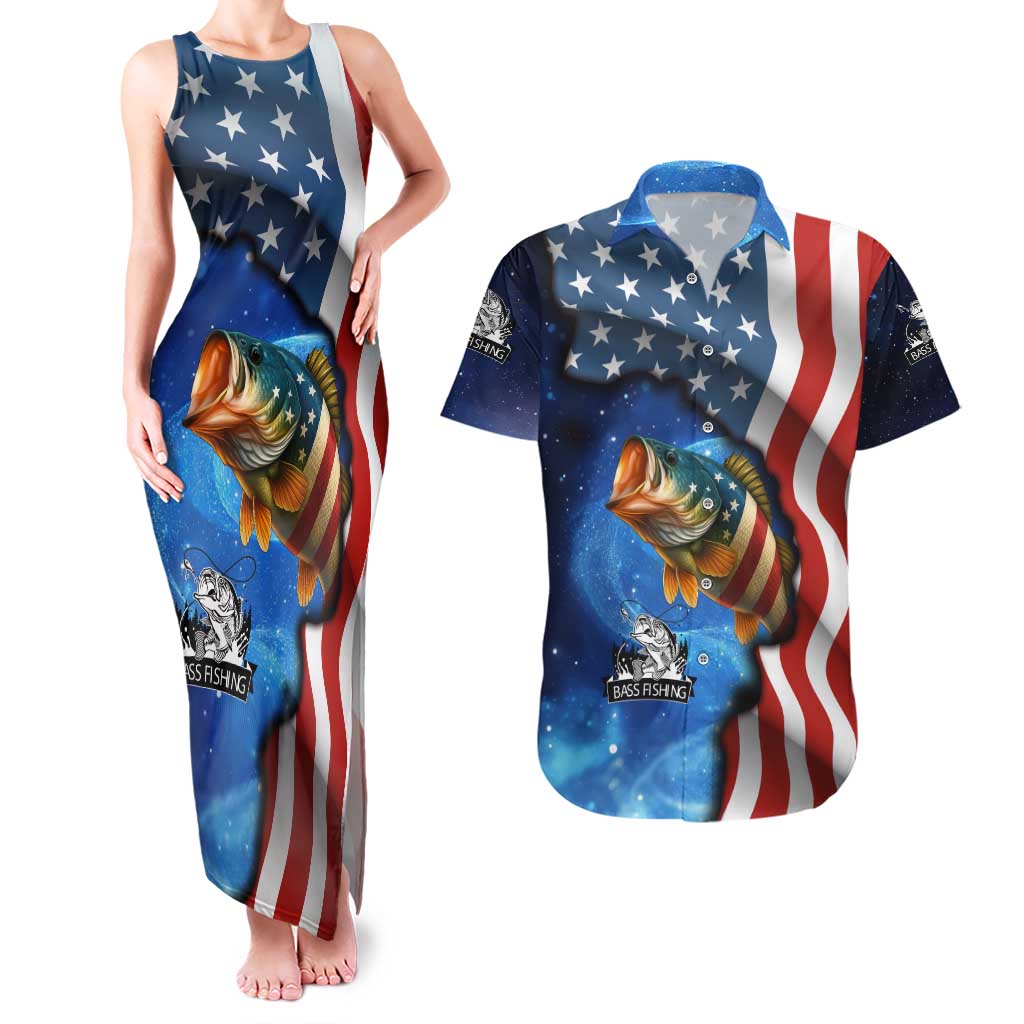 American Flag Bass Fishing Graphic Couples Matching Tank Maxi Dress and Hawaiian Shirt Patriotic Fish and Starry Galaxy Background - Wonder Print Shop