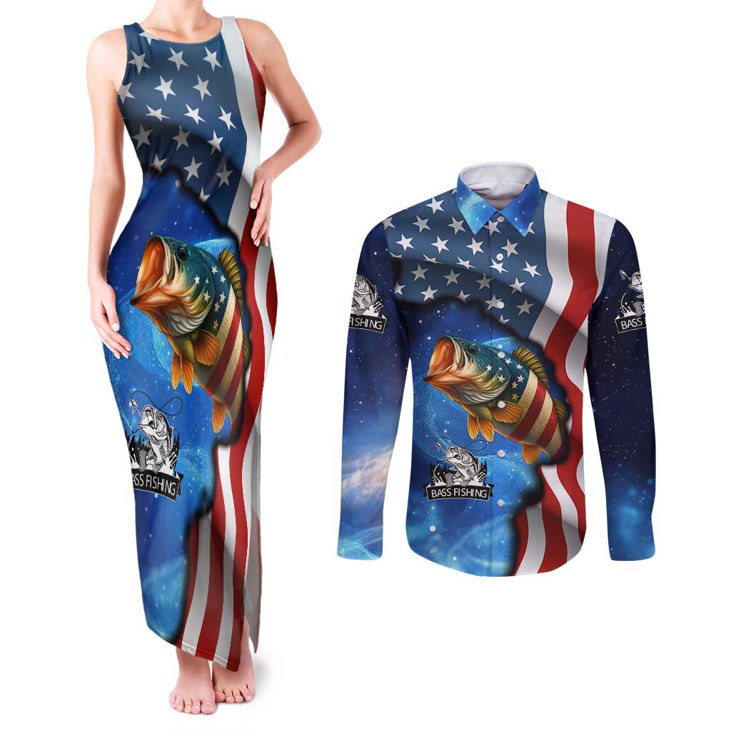 American Flag Bass Fishing Graphic Couples Matching Tank Maxi Dress and Long Sleeve Button Shirt Patriotic Fish and Starry Galaxy Background - Wonder Print Shop