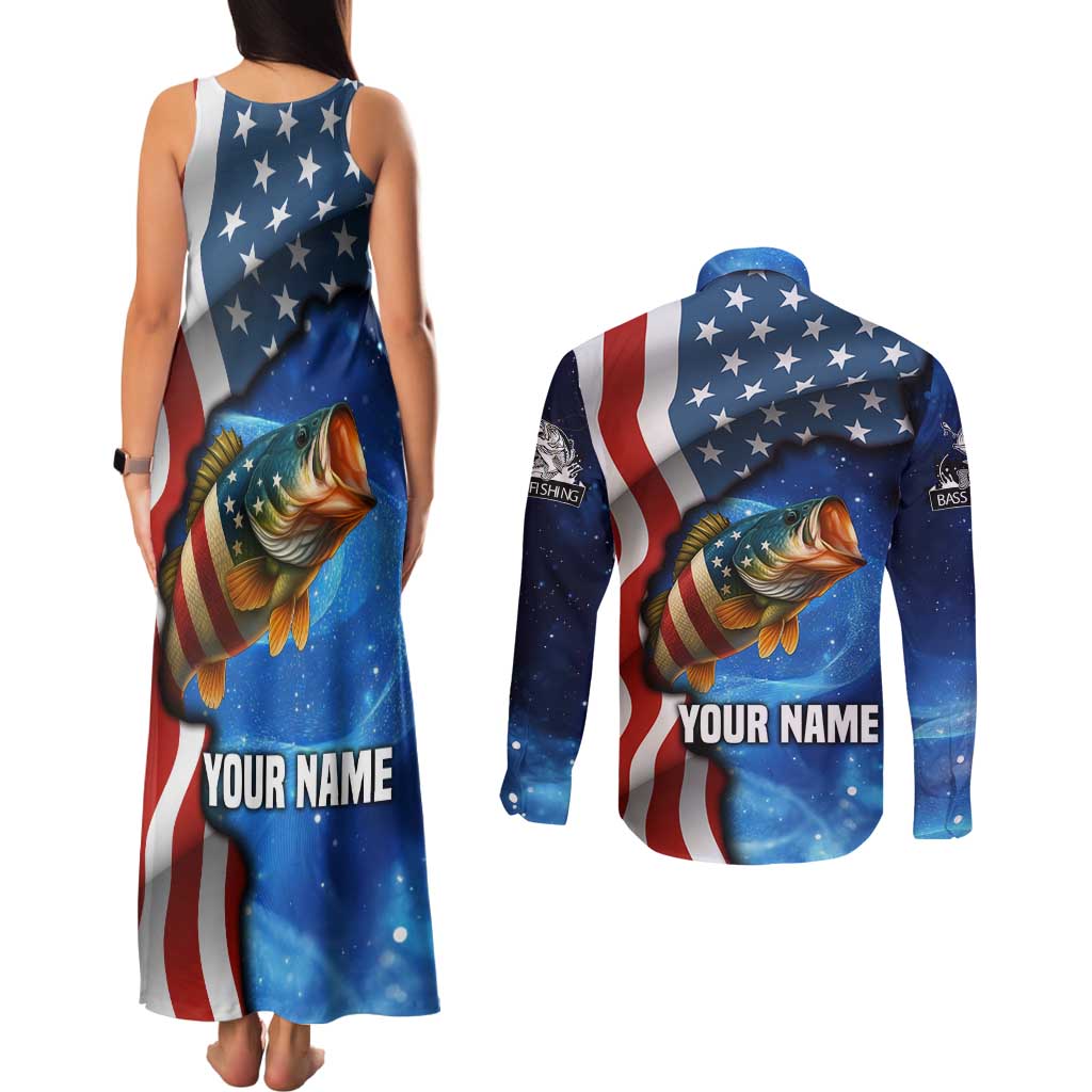 American Flag Bass Fishing Graphic Couples Matching Tank Maxi Dress and Long Sleeve Button Shirt Patriotic Fish and Starry Galaxy Background - Wonder Print Shop