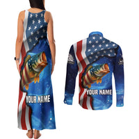 American Flag Bass Fishing Graphic Couples Matching Tank Maxi Dress and Long Sleeve Button Shirt Patriotic Fish and Starry Galaxy Background - Wonder Print Shop