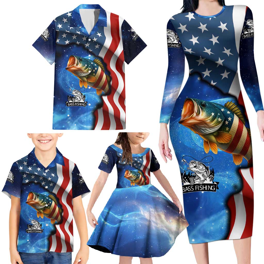 American Flag Bass Fishing Graphic Family Matching Long Sleeve Bodycon Dress and Hawaiian Shirt Patriotic Fish and Starry Galaxy Background - Wonder Print Shop