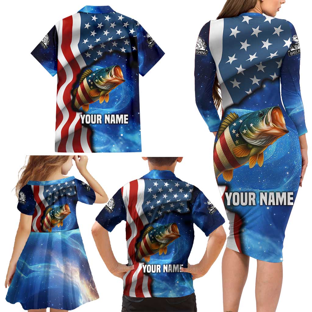 American Flag Bass Fishing Graphic Family Matching Long Sleeve Bodycon Dress and Hawaiian Shirt Patriotic Fish and Starry Galaxy Background - Wonder Print Shop