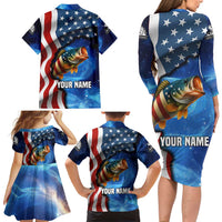 American Flag Bass Fishing Graphic Family Matching Long Sleeve Bodycon Dress and Hawaiian Shirt Patriotic Fish and Starry Galaxy Background - Wonder Print Shop