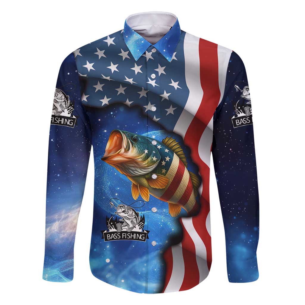 American Flag Bass Fishing Graphic Family Matching Long Sleeve Bodycon Dress and Hawaiian Shirt Patriotic Fish and Starry Galaxy Background - Wonder Print Shop