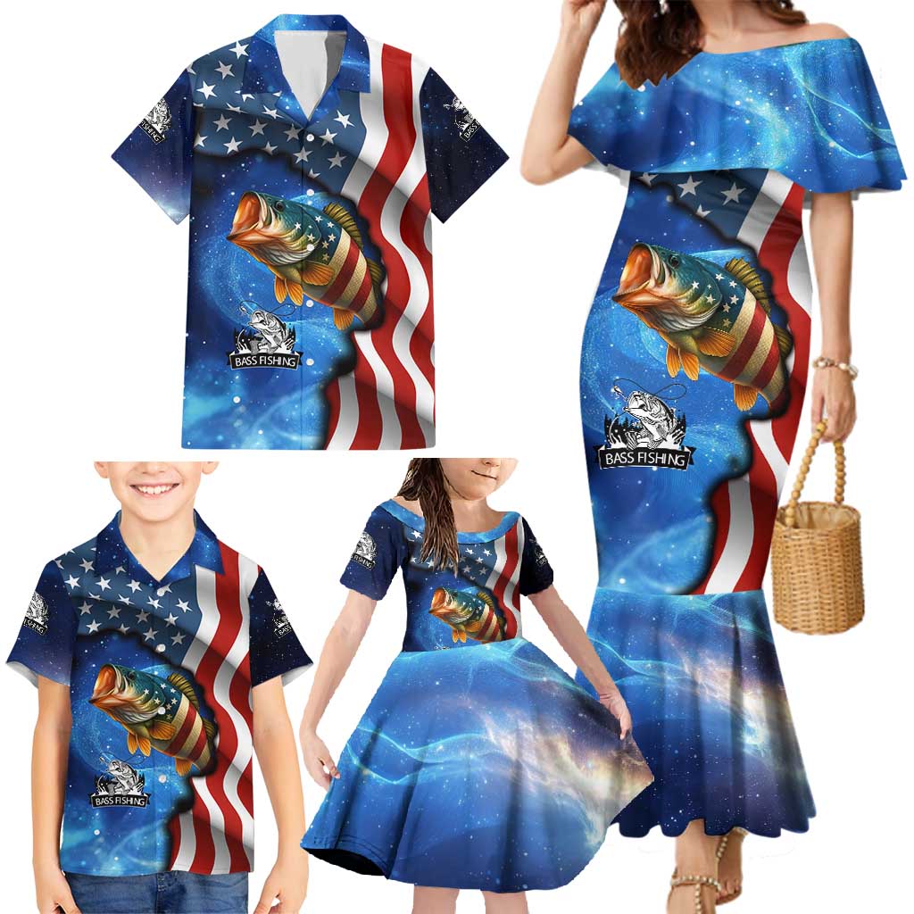 American Flag Bass Fishing Graphic Family Matching Mermaid Dress and Hawaiian Shirt Patriotic Fish and Starry Galaxy Background - Wonder Print Shop