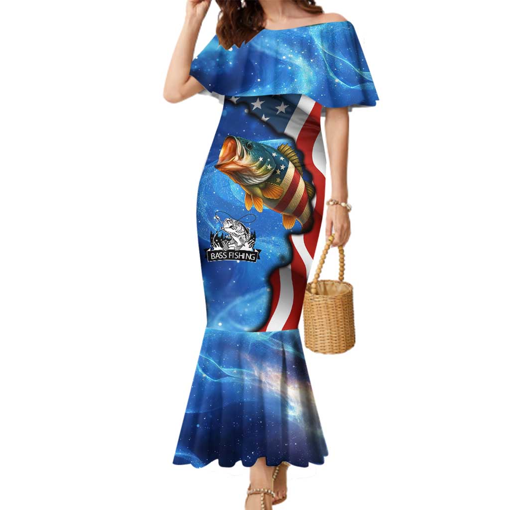 American Flag Bass Fishing Graphic Family Matching Mermaid Dress and Hawaiian Shirt Patriotic Fish and Starry Galaxy Background - Wonder Print Shop