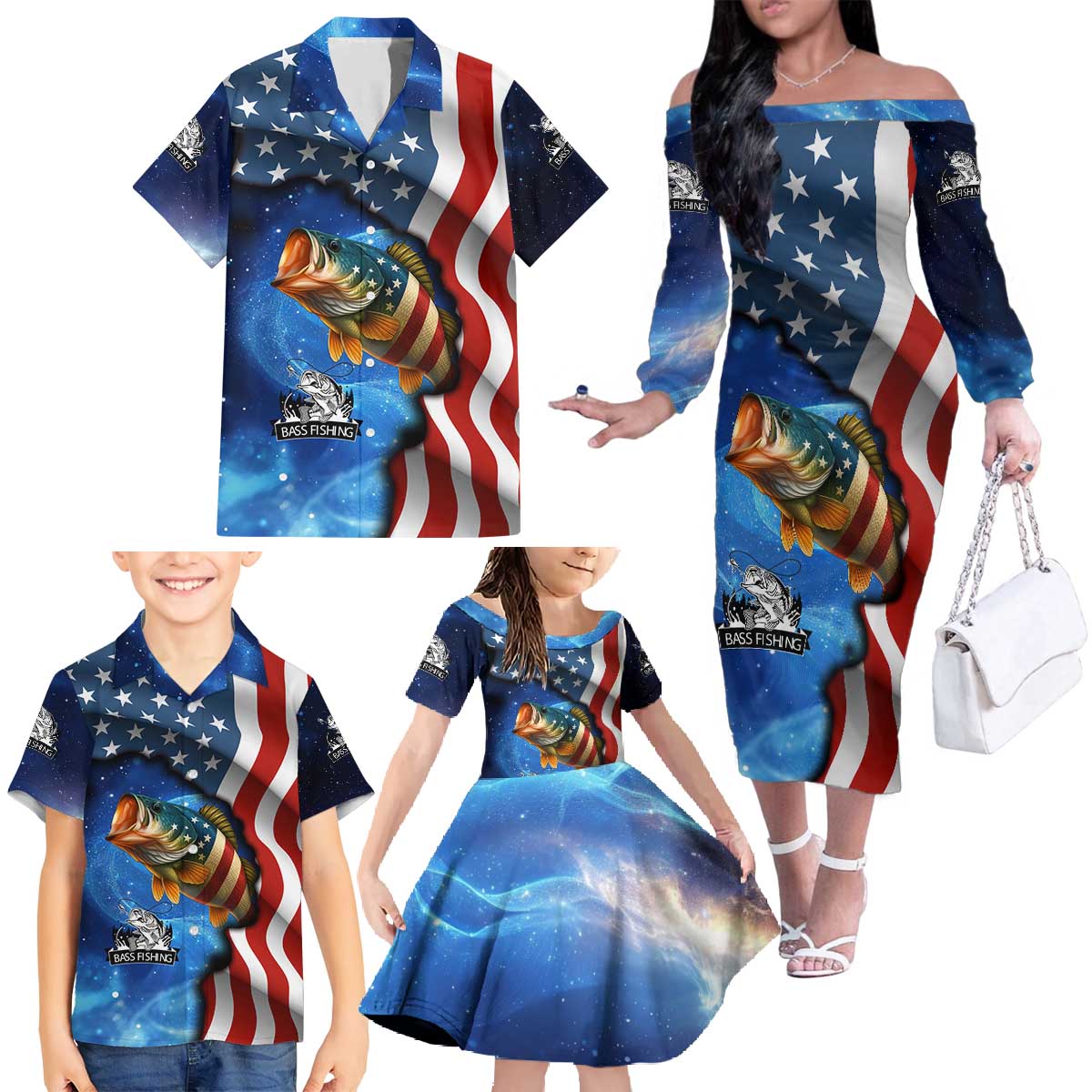 American Flag Bass Fishing Graphic Family Matching Off The Shoulder Long Sleeve Dress and Hawaiian Shirt Patriotic Fish and Starry Galaxy Background - Wonder Print Shop