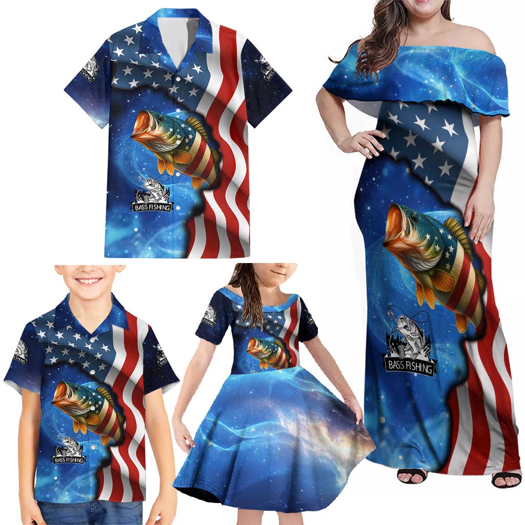 American Flag Bass Fishing Graphic Family Matching Off Shoulder Maxi Dress and Hawaiian Shirt Patriotic Fish and Starry Galaxy Background - Wonder Print Shop