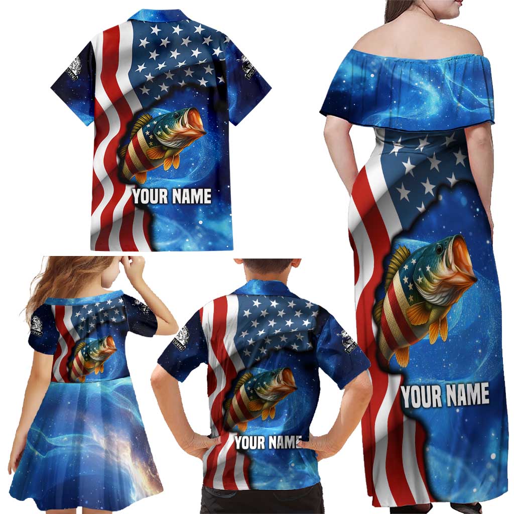 American Flag Bass Fishing Graphic Family Matching Off Shoulder Maxi Dress and Hawaiian Shirt Patriotic Fish and Starry Galaxy Background - Wonder Print Shop