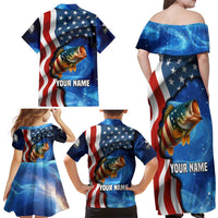 American Flag Bass Fishing Graphic Family Matching Off Shoulder Maxi Dress and Hawaiian Shirt Patriotic Fish and Starry Galaxy Background - Wonder Print Shop