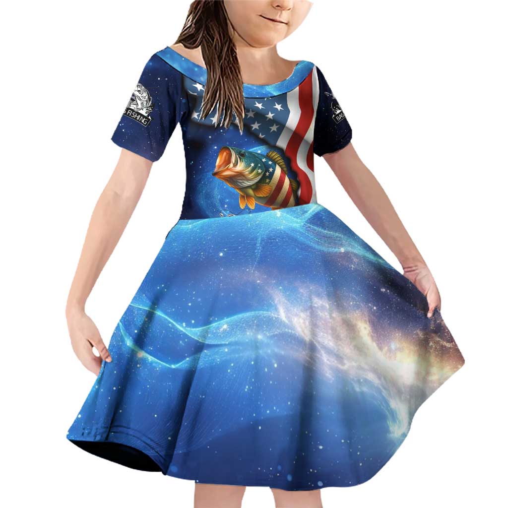 American Flag Bass Fishing Graphic Family Matching Off Shoulder Short Dress and Hawaiian Shirt Patriotic Fish and Starry Galaxy Background - Wonder Print Shop