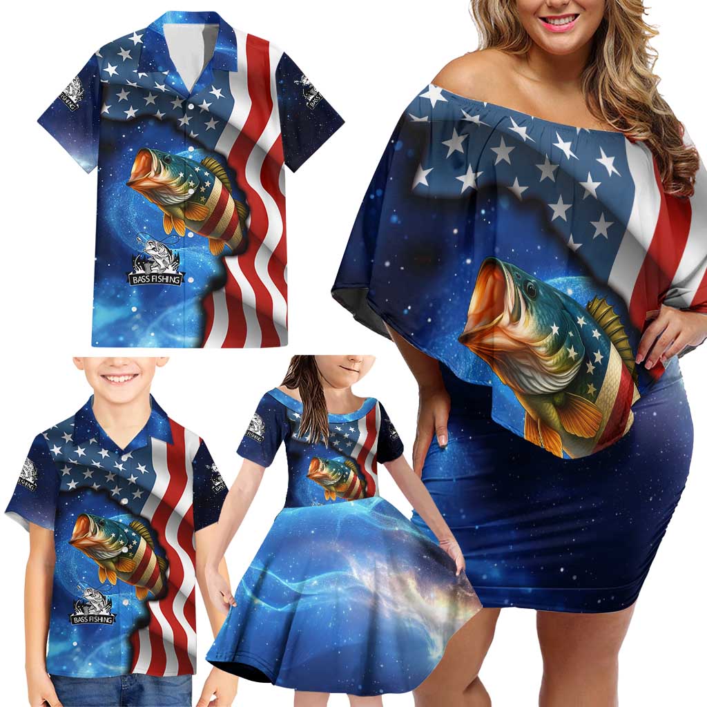 American Flag Bass Fishing Graphic Family Matching Off Shoulder Short Dress and Hawaiian Shirt Patriotic Fish and Starry Galaxy Background - Wonder Print Shop