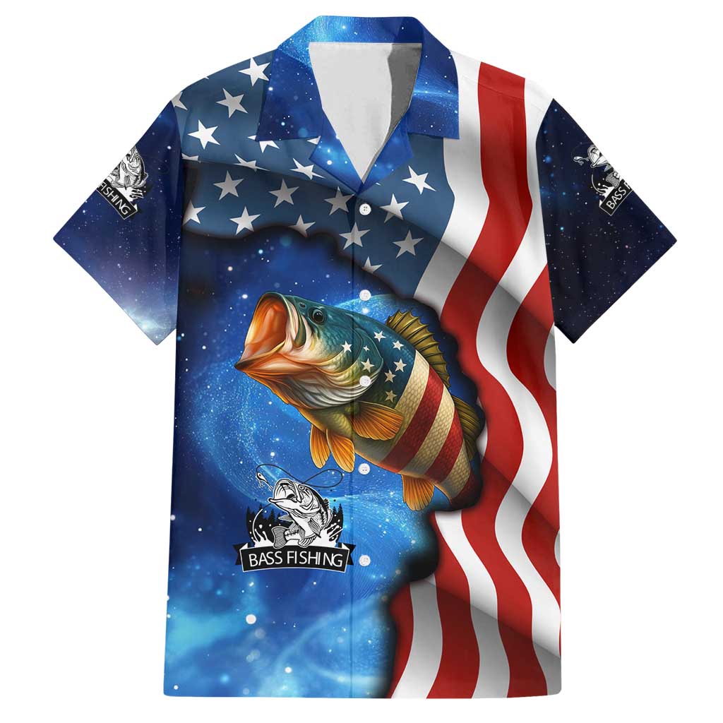 American Flag Bass Fishing Graphic Family Matching Off Shoulder Short Dress and Hawaiian Shirt Patriotic Fish and Starry Galaxy Background - Wonder Print Shop