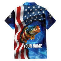 American Flag Bass Fishing Graphic Family Matching Off Shoulder Short Dress and Hawaiian Shirt Patriotic Fish and Starry Galaxy Background - Wonder Print Shop