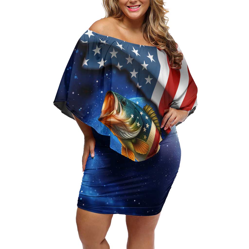 American Flag Bass Fishing Graphic Family Matching Off Shoulder Short Dress and Hawaiian Shirt Patriotic Fish and Starry Galaxy Background - Wonder Print Shop