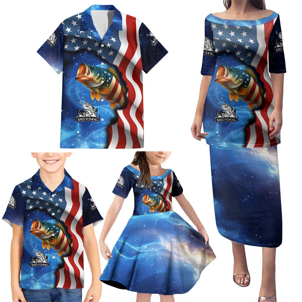 American Flag Bass Fishing Graphic Family Matching Puletasi and Hawaiian Shirt Patriotic Fish and Starry Galaxy Background - Wonder Print Shop