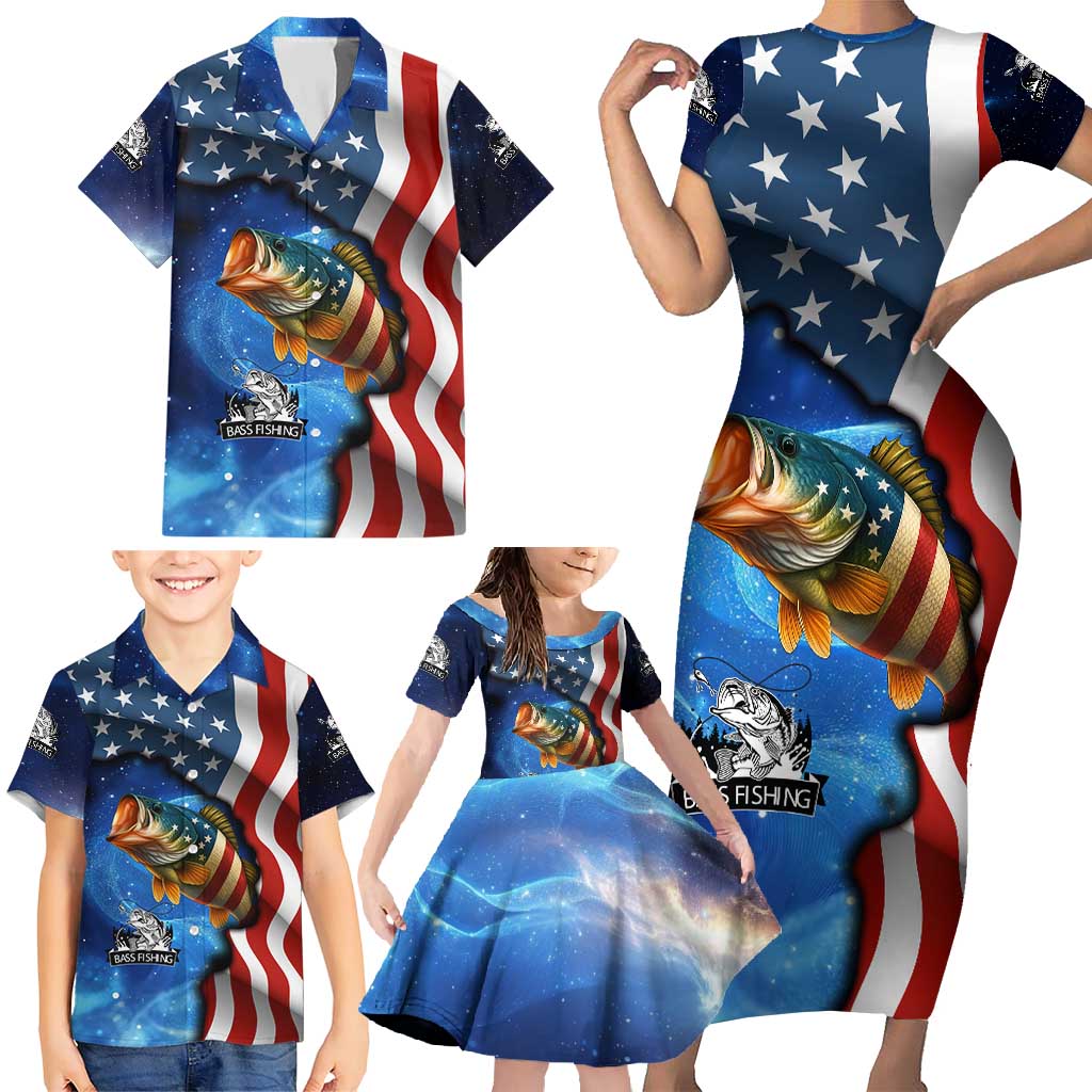 American Flag Bass Fishing Graphic Family Matching Short Sleeve Bodycon Dress and Hawaiian Shirt Patriotic Fish and Starry Galaxy Background - Wonder Print Shop