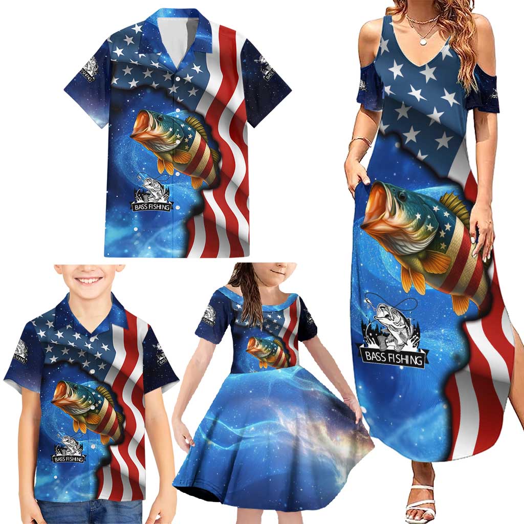 American Flag Bass Fishing Graphic Family Matching Summer Maxi Dress and Hawaiian Shirt Patriotic Fish and Starry Galaxy Background - Wonder Print Shop