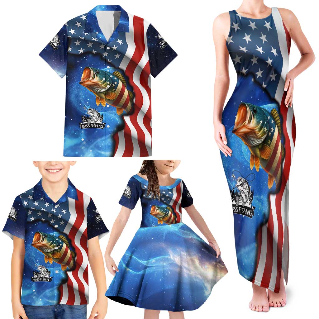American Flag Bass Fishing Graphic Family Matching Tank Maxi Dress and Hawaiian Shirt Patriotic Fish and Starry Galaxy Background - Wonder Print Shop