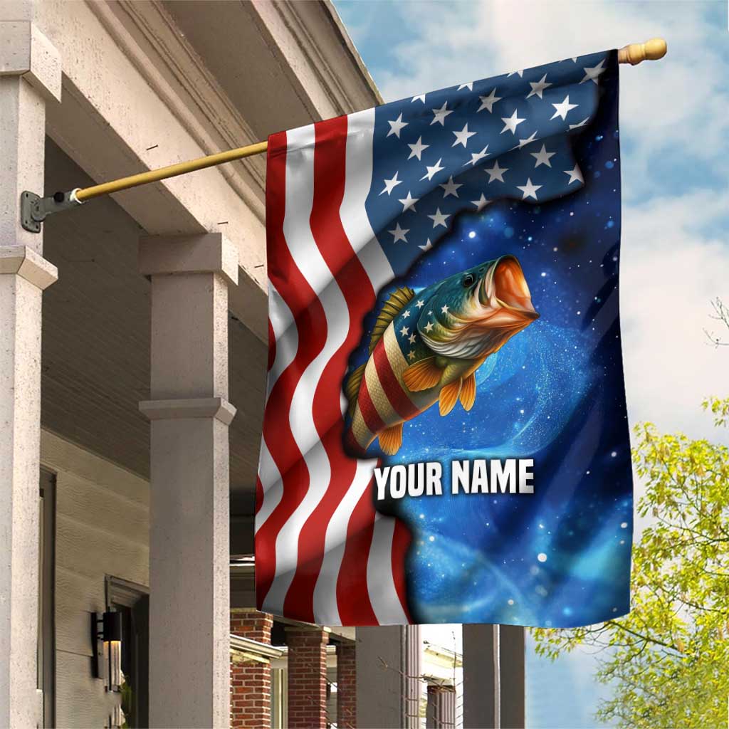 American Flag Bass Fishing Graphic Garden Flag Patriotic Fish and Starry Galaxy Background - Wonder Print Shop
