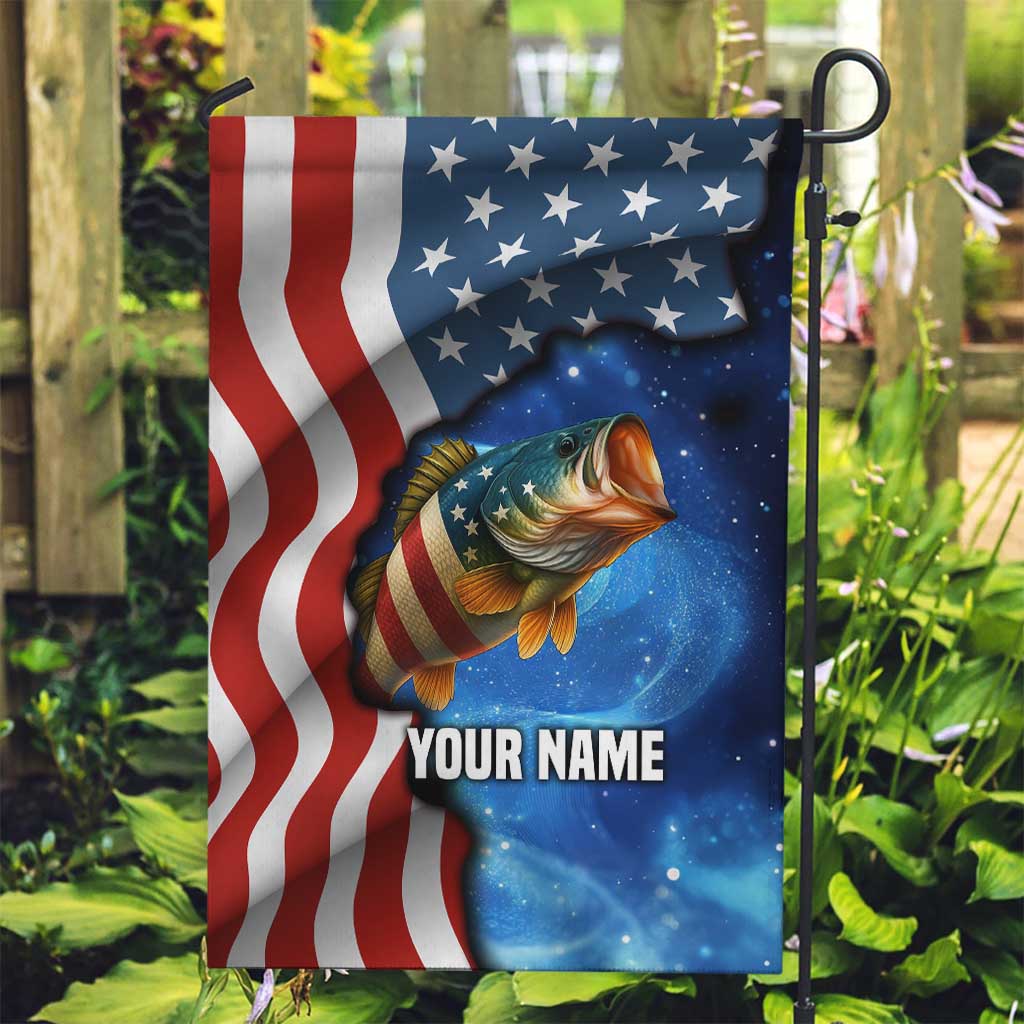 American Flag Bass Fishing Graphic Garden Flag Patriotic Fish and Starry Galaxy Background - Wonder Print Shop