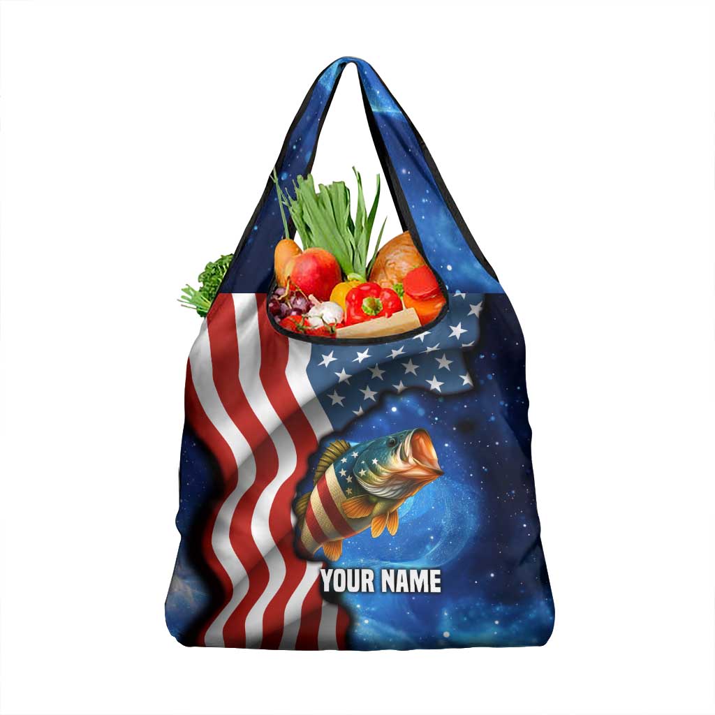 American Flag Bass Fishing Graphic Grocery Bag Patriotic Fish and Starry Galaxy Background - Wonder Print Shop