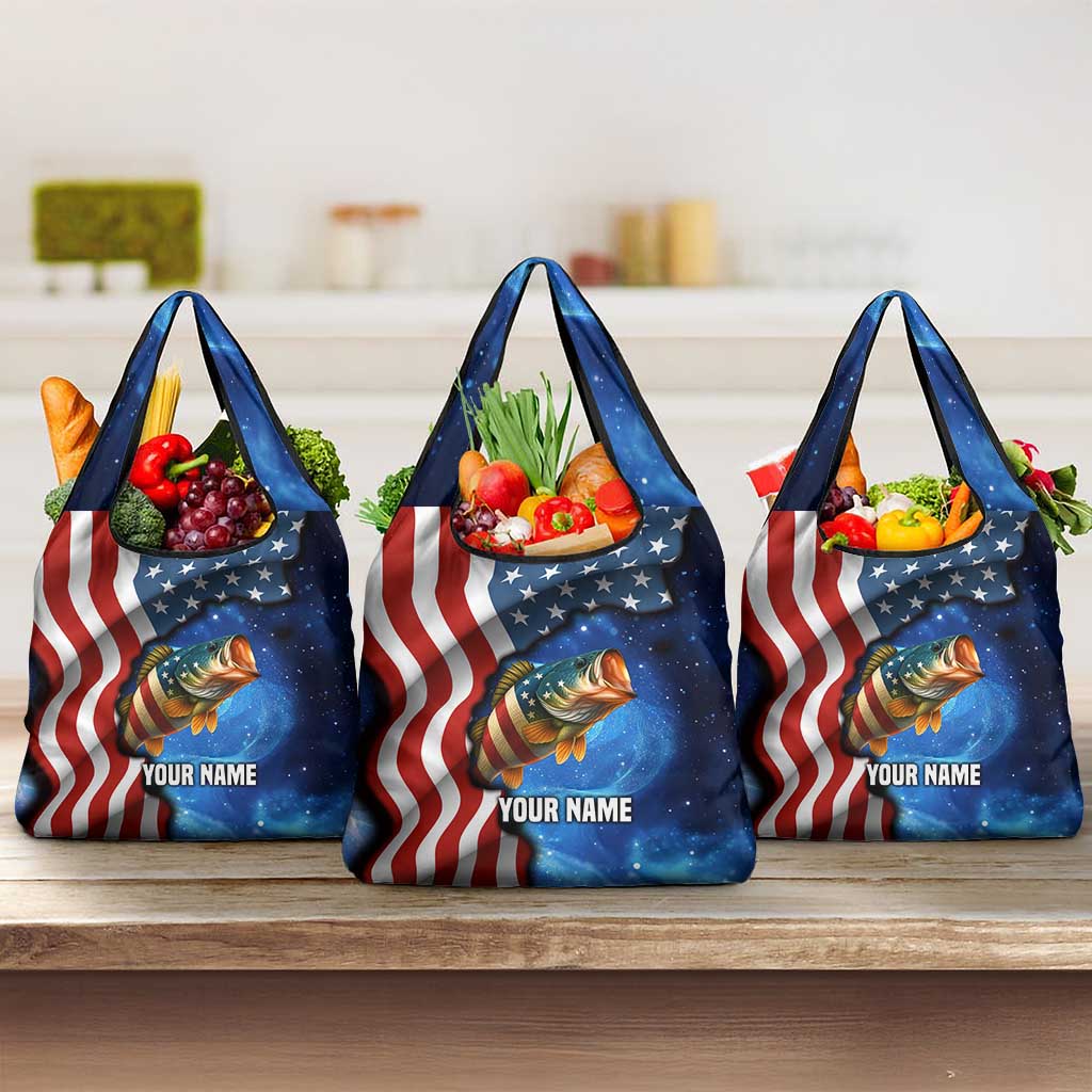 American Flag Bass Fishing Graphic Grocery Bag Patriotic Fish and Starry Galaxy Background - Wonder Print Shop