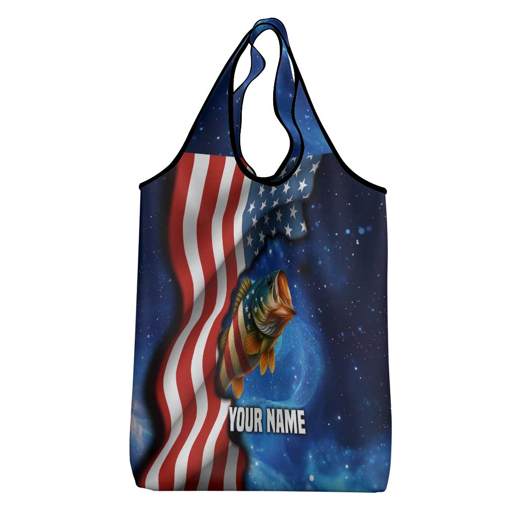 American Flag Bass Fishing Graphic Grocery Bag Patriotic Fish and Starry Galaxy Background - Wonder Print Shop