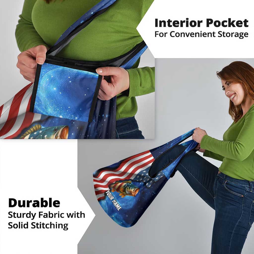 American Flag Bass Fishing Graphic Grocery Bag Patriotic Fish and Starry Galaxy Background - Wonder Print Shop