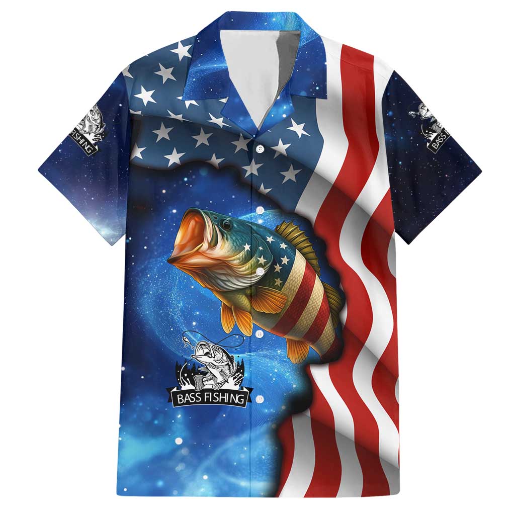 American Flag Bass Fishing Graphic Hawaiian Shirt Patriotic Fish and Starry Galaxy Background - Wonder Print Shop