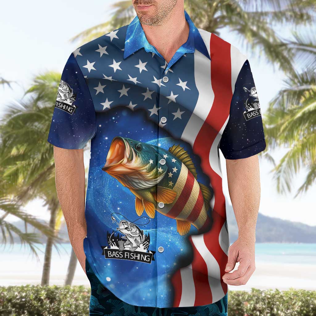 American Flag Bass Fishing Graphic Hawaiian Shirt Patriotic Fish and Starry Galaxy Background - Wonder Print Shop