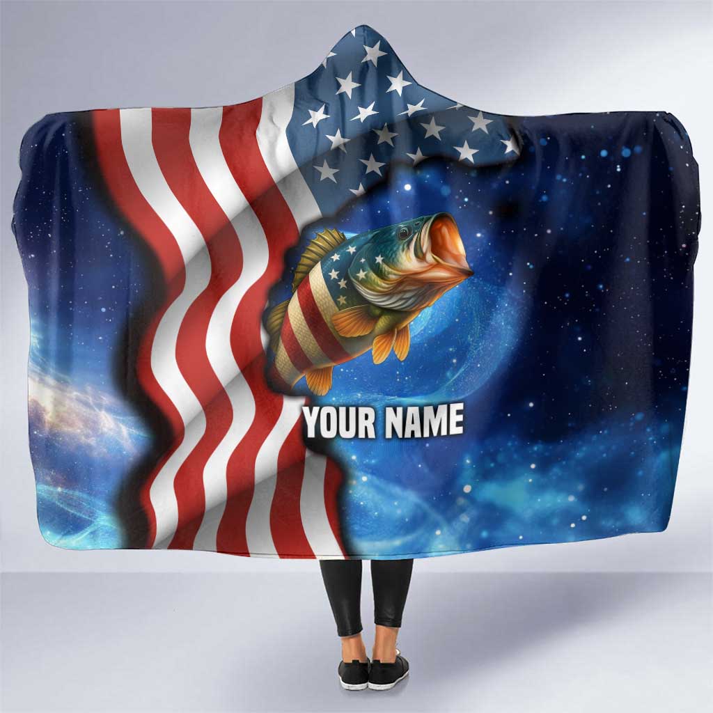 American Flag Bass Fishing Graphic Hooded Blanket Patriotic Fish and Starry Galaxy Background - Wonder Print Shop