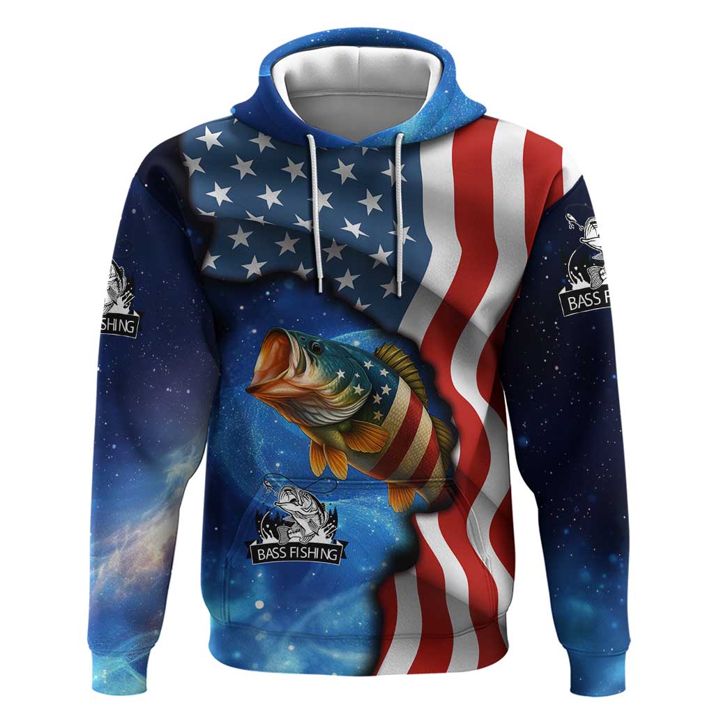 American Flag Bass Fishing Graphic Hoodie Patriotic Fish and Starry Galaxy Background - Wonder Print Shop